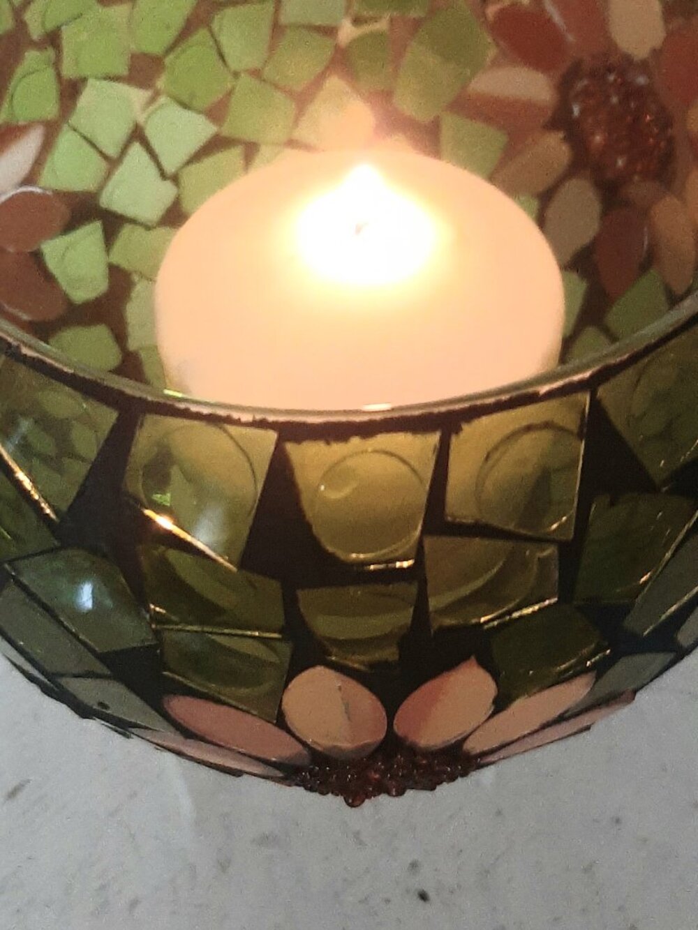 Green mosaic Sunflower Rosebowl style candle holde - Picture 3 of 7